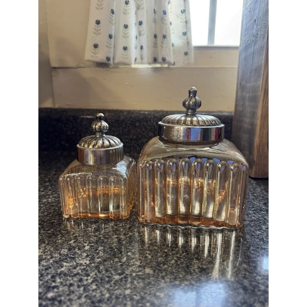 2- ANDREA by SADEK CANISTER/CONTAINERS Iridescent Amber/Gold‎  Silver Tone Lids